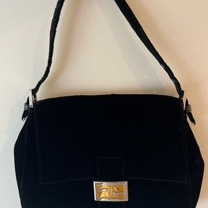 Fendi Black Velvet Baguette Bag with Gold-Tone Hardware